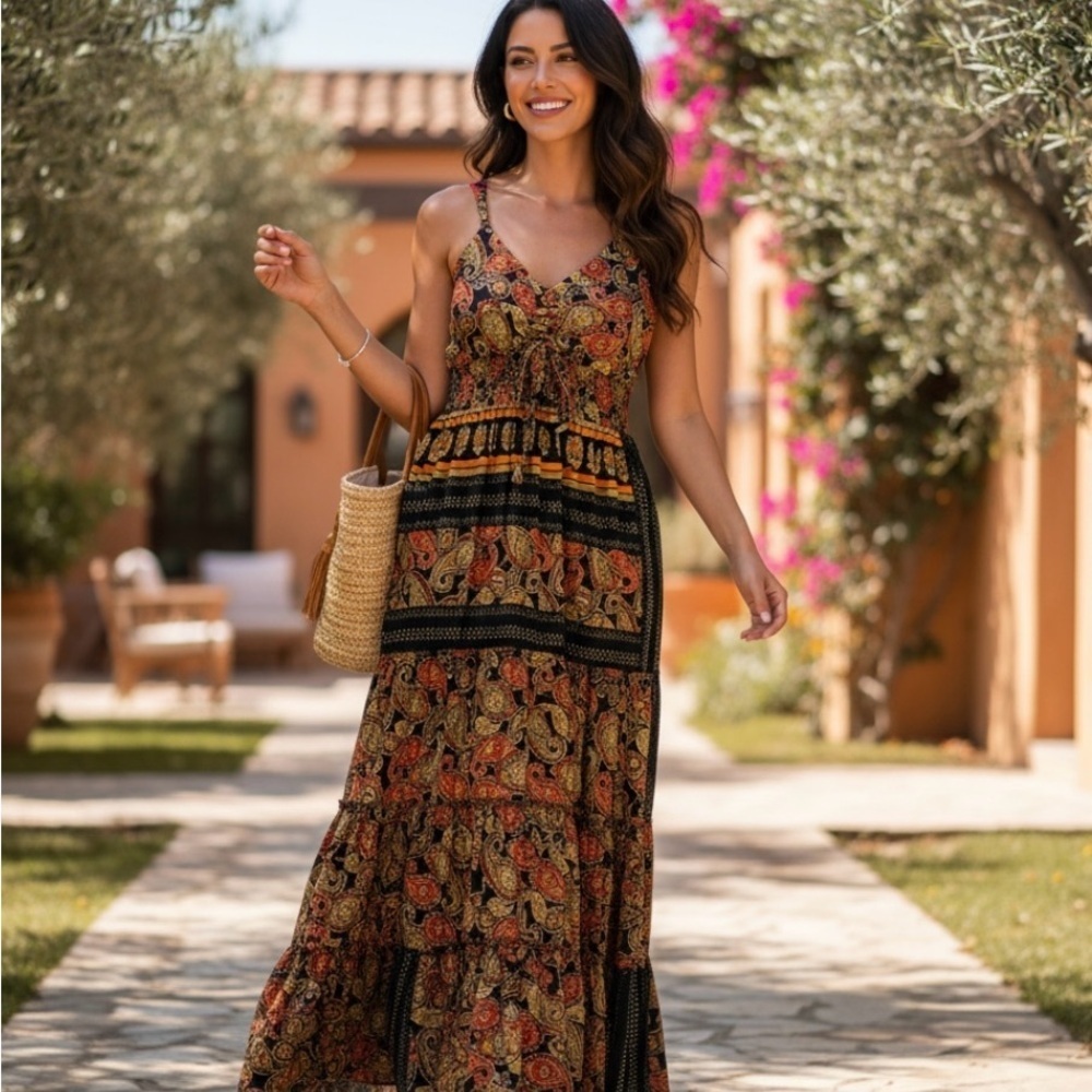 Me 2 Magic Anthropologie Maxi Dress Black Red Orange Size Medium Stretch